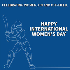 Happy international women's day post with woman cricketer line art