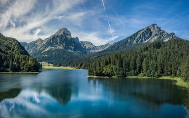 Fototapeta na wymiar Alpine lake Obersee in the Glarus Alps mountain in the Glarnerland region, Nafels Switzerland