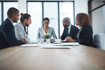 Business people, leader and group in a meeting, finance and budget planning with a project, discussion and goals. Teamwork, accounting and staff with brainstorming, financial year and trade with idea