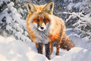 Obraz premium Soft painting of a red fox in the snow forest looking of view