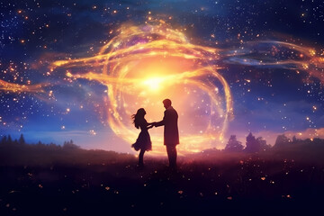 A man and a woman holding in a love embrace a sphere of light in the night sky like two meteors, leaving fire trails in the sky, coming from a foreign galaxy