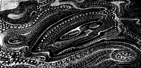 Black and white background. Hand drawn art. Abstract design.