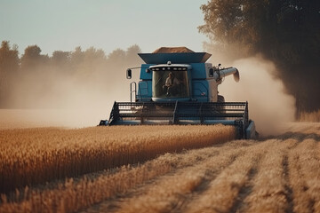 Obraz premium Combine harvester working on a wheat crop. Harvester machine to harvest wheat field working. Generative AI