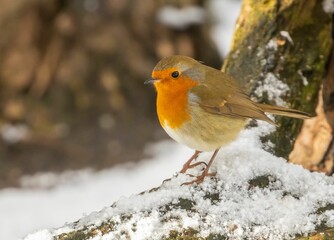 European robin (Erithacus rubecula) perched on a snow-covered branch