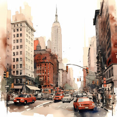 Watercolor illustration of New York city, Manhattan, with high buildings with cars on road 