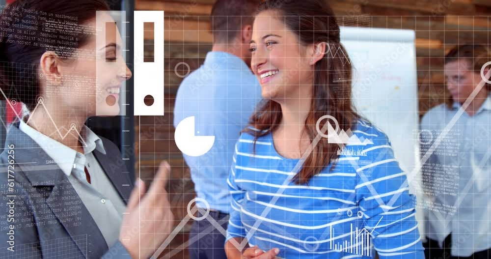 Poster animation of statistical data processing against two diverse women discussing at office