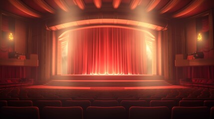 Theater stage with red curtains and spotlights in art deco. Generative AI 3
