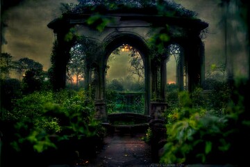 Twilight view from inside an overgrown decaying victorian gazebo looking out at an an eerie overgrown garden lush overgrown plant life rising mist vines and ivy covering the ruins of fountains and 