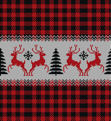 Ugly sweater at Buffalo Plaid Merry Christmas and Happy New Year greeting card frame border . illustration knitted background seamless pattern with folk style scandinavian ornaments.