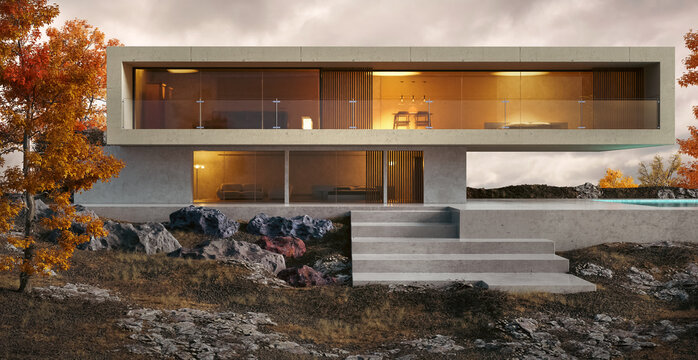 3D render of modern house with concrete construction