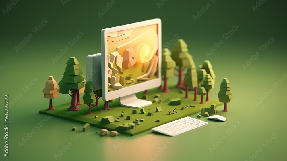 Poster a computer monitor installed above a grassy field.
