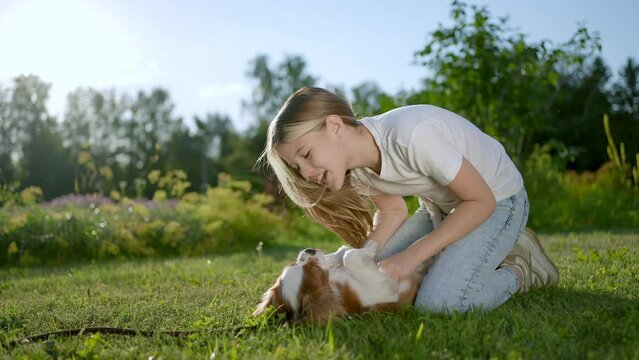 Little cute girl and pet dog running, having fun in summer park at sunset outdoors. Little girl holding hugging her favourite pedigree dog friend. Happy family kid friendship dream holiday concept