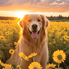 Golden Retriever enjoying a stunning sunset in a field of blooming sunflowers, pet-friendly stock photo, generative AI