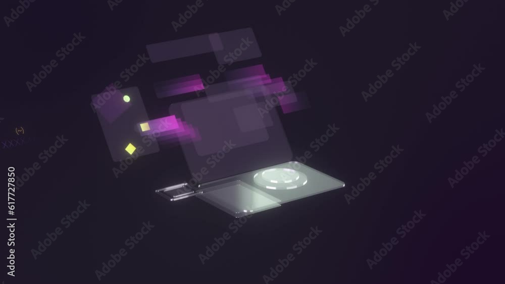 Poster 3d rendered animation of a futuristic touch-screen display appearing on the empty purple background