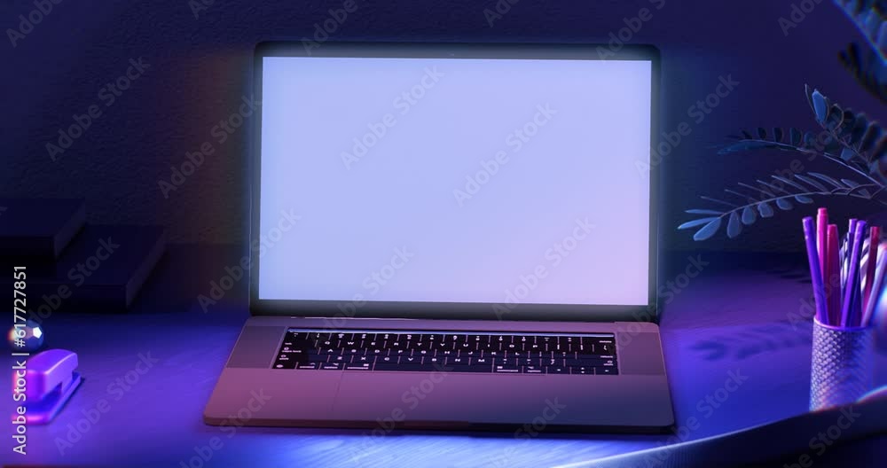 Aufkleber 3d rendered animation of an opened laptop with an empty white screen put on the desk
