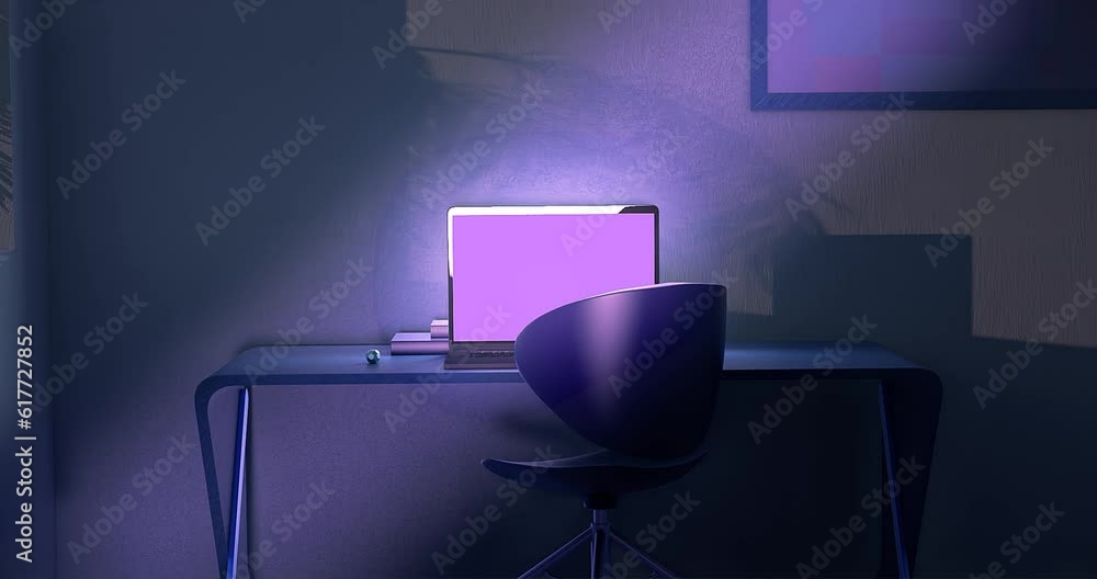 Poster 3d rendered animation of an opened laptop with an empty purple screen put on the desk