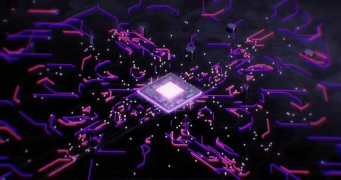 Animation of a pink microchip with circuit lines