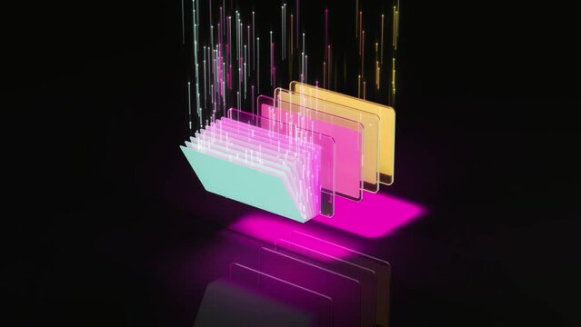 Animation of many colorful folder panels with rising lines