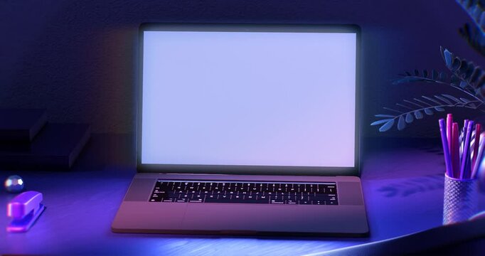 3D rendered animation of an opened laptop with an empty white screen put on the desk