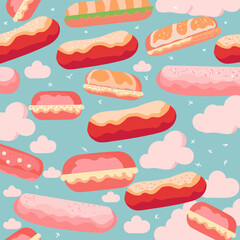 hot dog and cloud food pattern on cute blue background