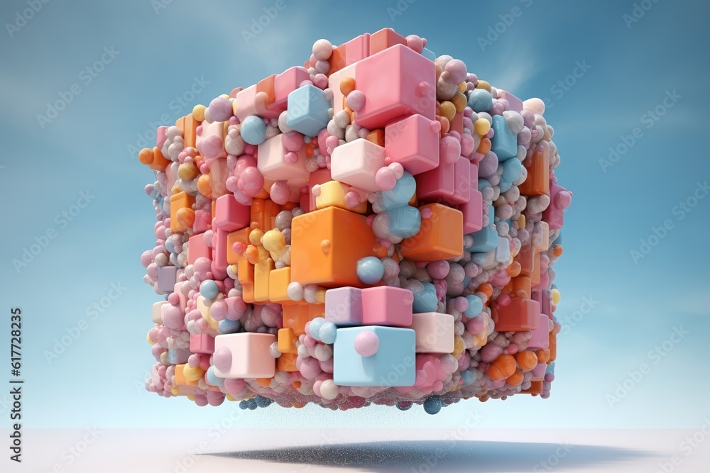 Poster a cube constructed consisting of smaller cubes and smaller cubes of varying hues