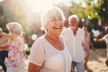 Candid capture of a joyful group of seniors showing vitality while dancing, highlights companionship and active lifestyle in retirement, reflecting the spirit of elderly, generative ai