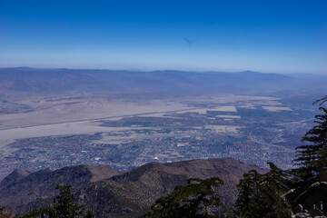 Scenic aerial vistas of Coachella Valley seen from the top of Palm Springs tramway station in Mt. San Jacinto State Park, California, USA. View on mountain landscape and canyons. Trees in foreground