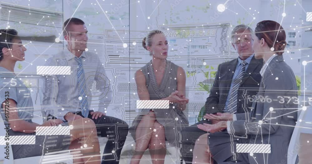 Poster animation of connecting dots and data processing over diverse businesspeople discussing at office