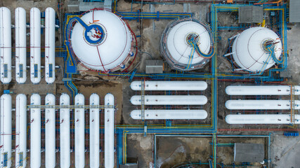 Aerial top view LPG Liquefied Petroleum Gas storage tank, LPG gas storage tank and pipeline...