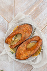 Cedar plank grilled or roasted salmon with lemon