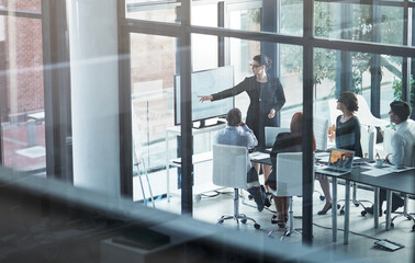 Coaching, mentorship or business people in presentation for sales report, vision or data analysis...