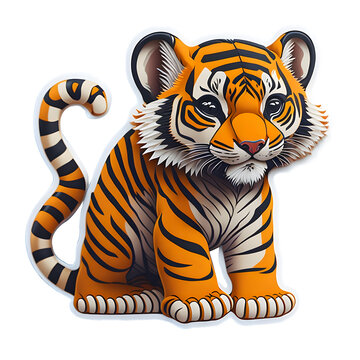 3d sticker art of a cub tiger cute adorable on transparent background,generative ai