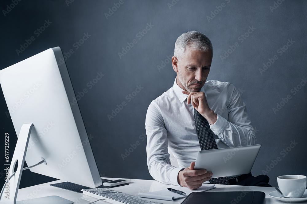 Poster tablet, thinking accountant and mature man in office, working on project or research. technology, pl
