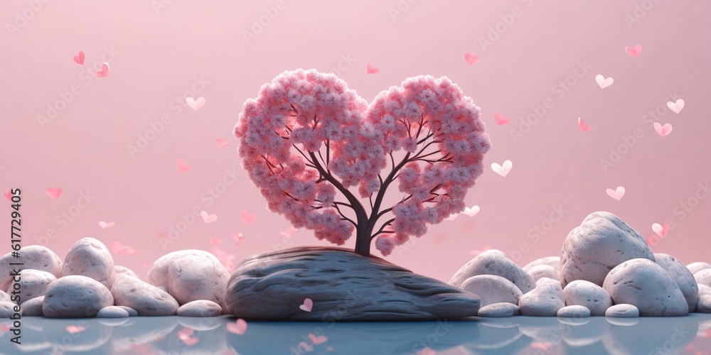 Poster a tree in the form of a heart that is perched atop a mountain of rocks.