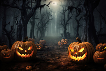 halloween background with scary pumpkins, candles and bats in a dark forest at night