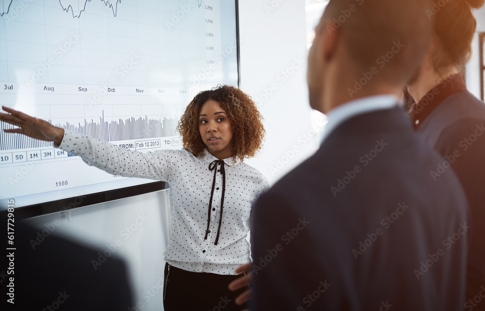 Poster Presentation, data analytics and chart with business people in meeting for project management, coaching and strategy. Graph, idea and speaker with woman in workshop for training, seminar and planning