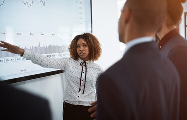Presentation, data analytics and chart with business people in meeting for project management, coaching and strategy. Graph, idea and speaker with woman in workshop for training, seminar and planning