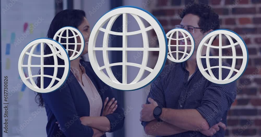 Aufkleber animation of multiple web globe icons floating against diverse man and woman smiling at office