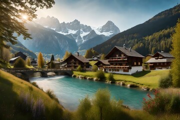 Fototapeta na wymiar Typical village nestled among the Alps, with a river flowing through the valley - Generative AI