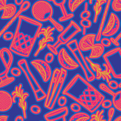 Vector neon bartender equipment seamless pattern. Vector orange bright illustration