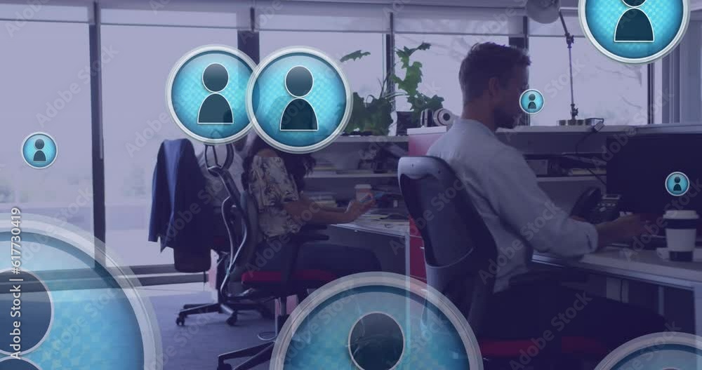 Poster animation of multiple profile icons floating against diverse people working at office