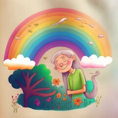 beautiful drawing of a rainbow with vibrant colors as if an 8 year old painted it The rainbow is reminding of memories of the past cookies tea laughter happy feelings add grandmother on a cloud in 