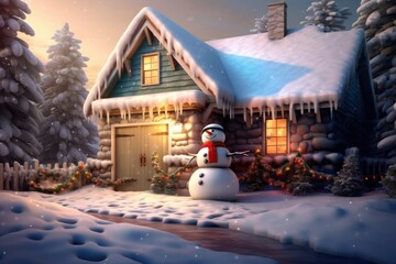 Snowman beside house entrance in winter christmas scene with snow, pine trees and warm lights. Merry Christmas background.
