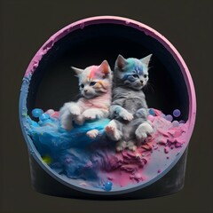 two little kitties playing in a round pot of multicolored paint half of their bodies covered with pink and blue paint ultra realistic ultra 4K Kodachrome 64 asa type of light cinematic 