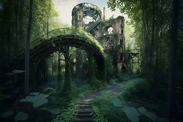 An abandoned forest park with dilapidated attractions and overgrown paths 