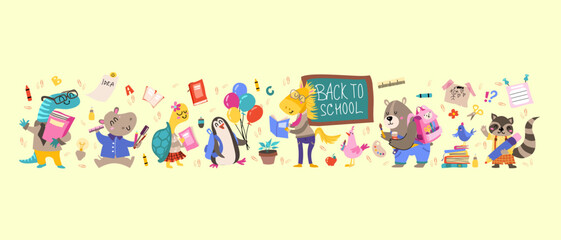 Back to school Animals hand drawn style, educational theme. Vector illustration.