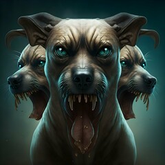 dog with three heads snarling 