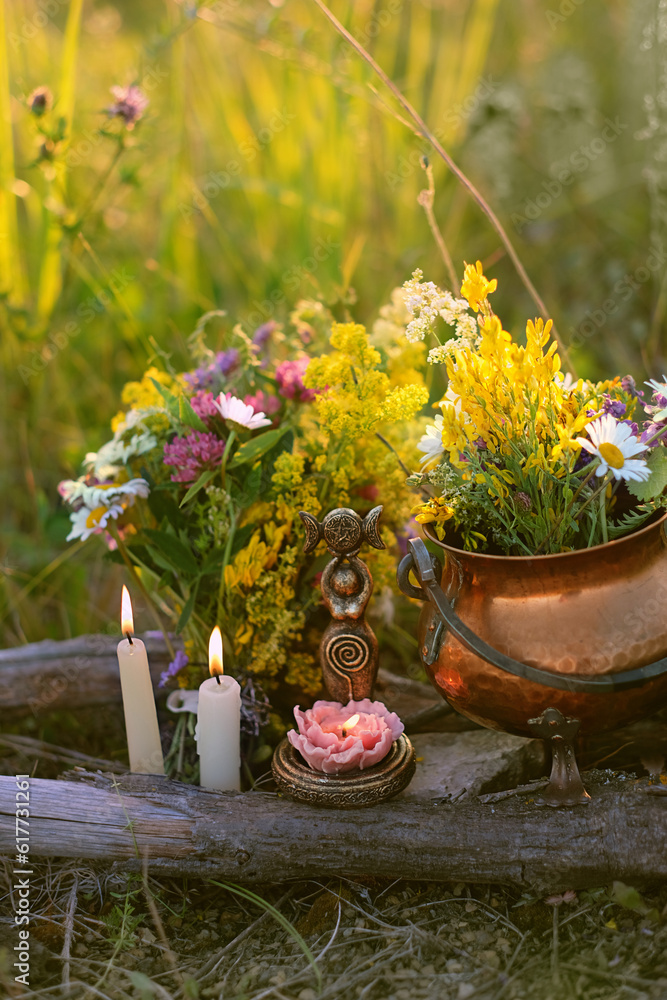 Wall mural triple goddess candlestick, copper witch cauldron with flowers, magic things, candles on meadow, nat