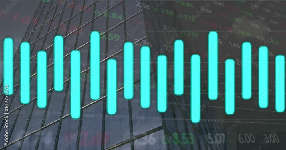 Poster animation of stock market data processing against tall building