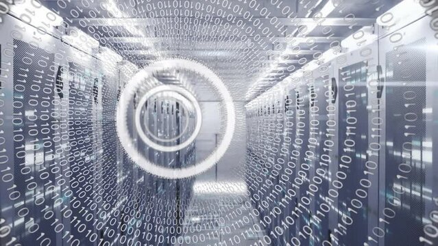 Animation of circular shapes and binary coding in seamless pattern against computer server room